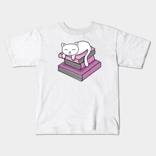 Cat resting on a pile of books Kids T-Shirt